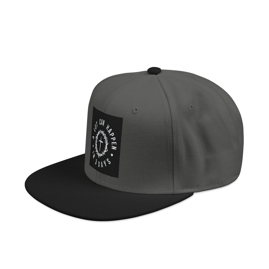 Embroidered Spiral Logo Snapback Hat — Black & Charcoal Flat-Brim Cap