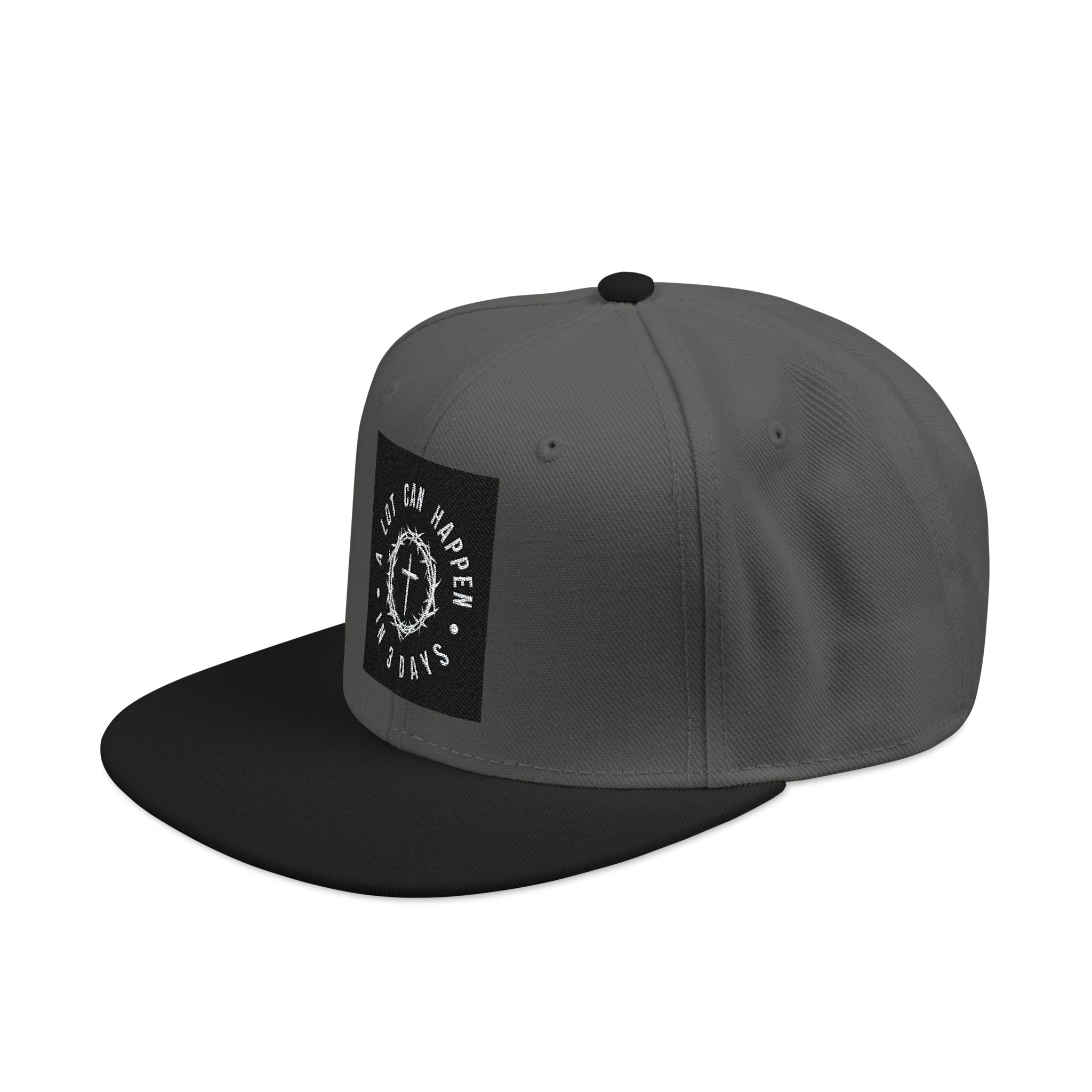 Embroidered Spiral Logo Snapback Hat — Black & Charcoal Flat-Brim Cap