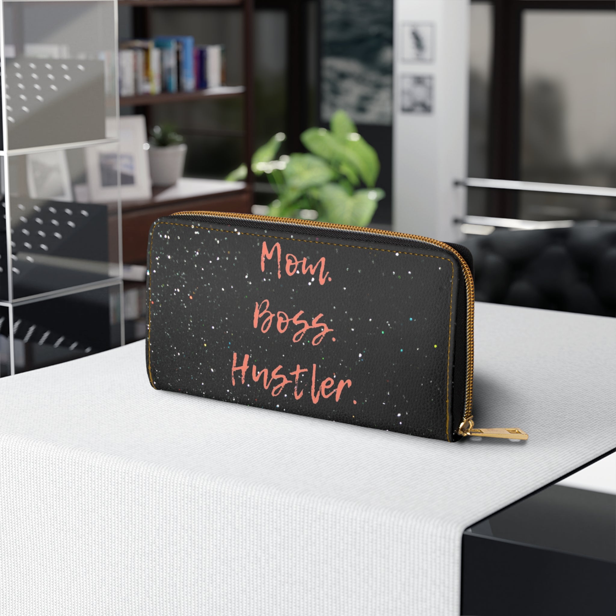 Mom. Boss. Hustler. Zipper Wallet — Black Script Inspirational Wallet