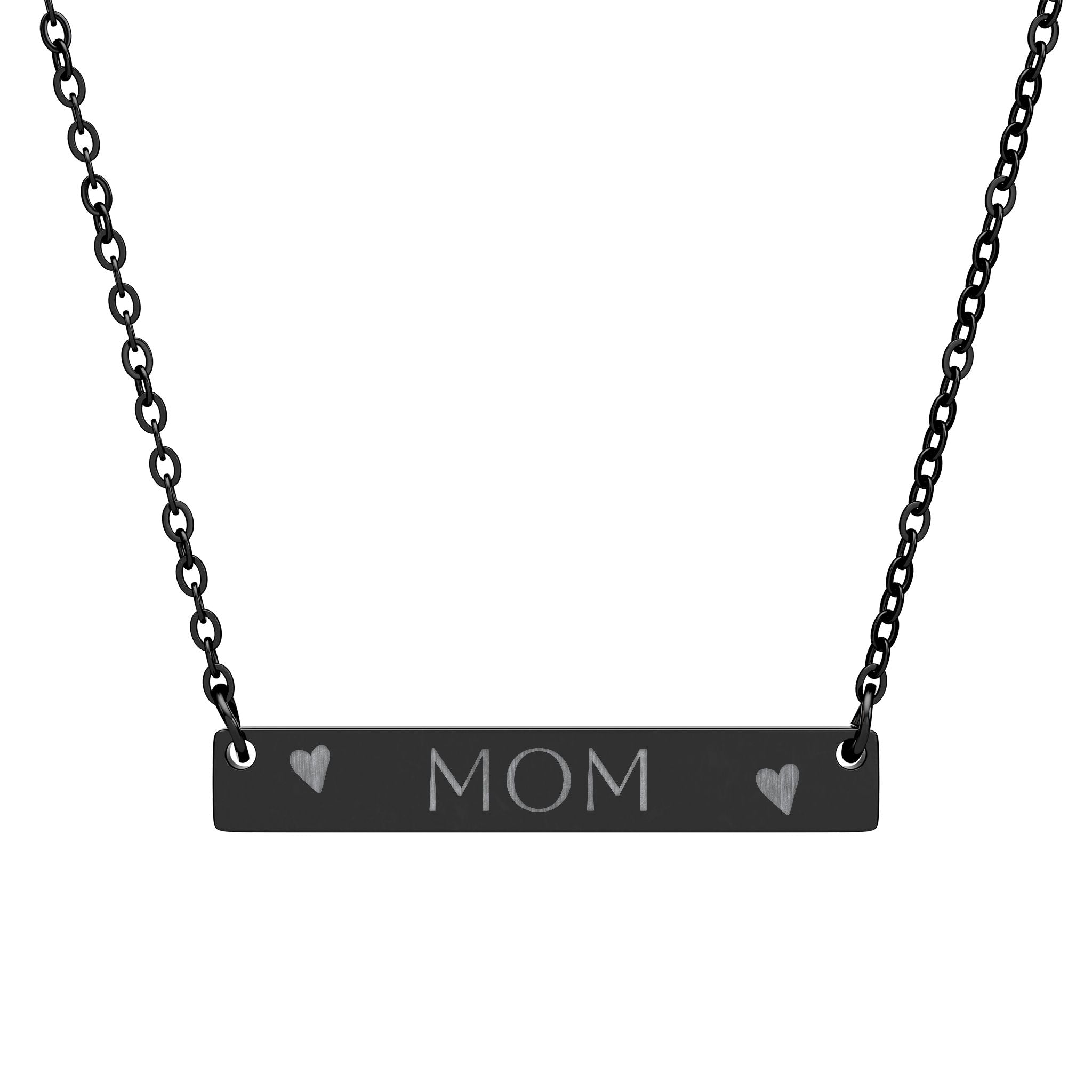 Engraved MOM Bar Necklace — Horizontal Heart Pendant, Personalized Gift for Mother’s Day