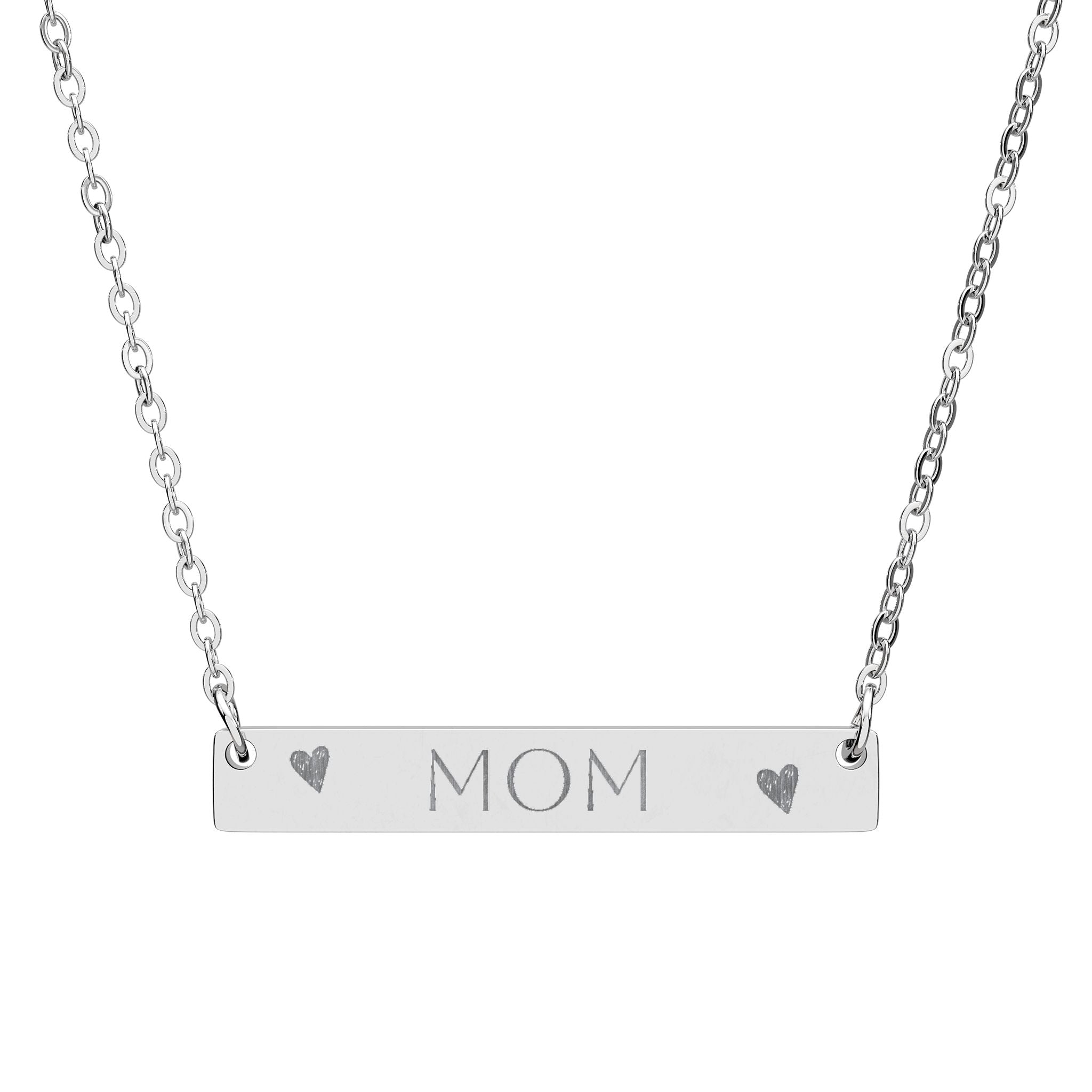 Engraved MOM Bar Necklace — Horizontal Heart Pendant, Personalized Gift for Mother’s Day