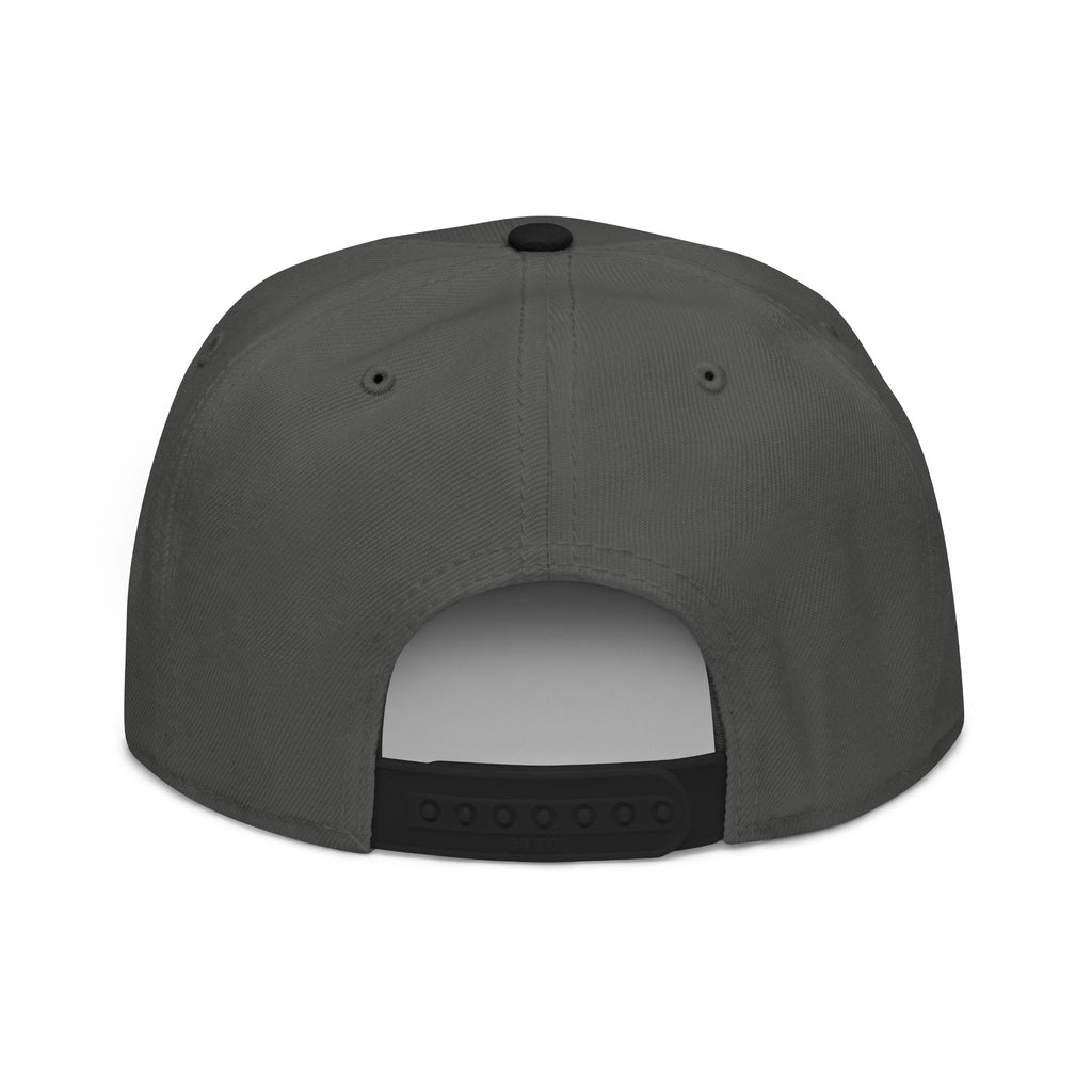 Embroidered Spiral Logo Snapback Hat — Black & Charcoal Flat-Brim Cap
