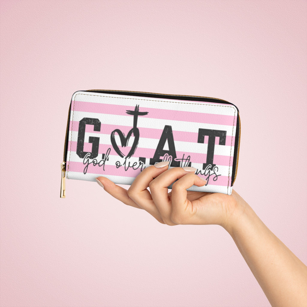Zipper Wallet — "G.O.A.T. (God Over All Things)" Pink Striped Faith Wallet