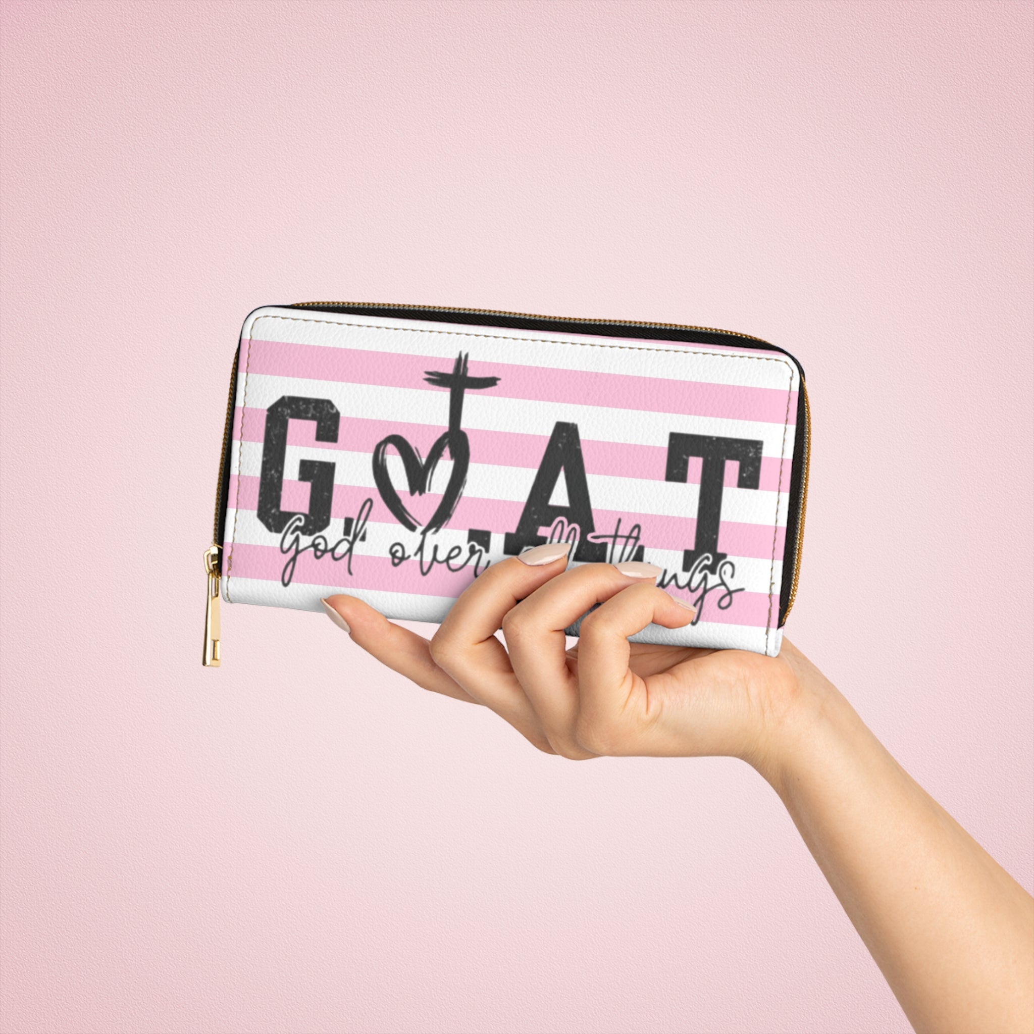 Zipper Wallet — "G.O.A.T. (God Over All Things)" Pink Striped Faith Wallet