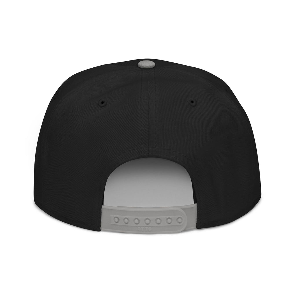 Embroidered Spiral Logo Snapback Hat — Black & Charcoal Flat-Brim Cap