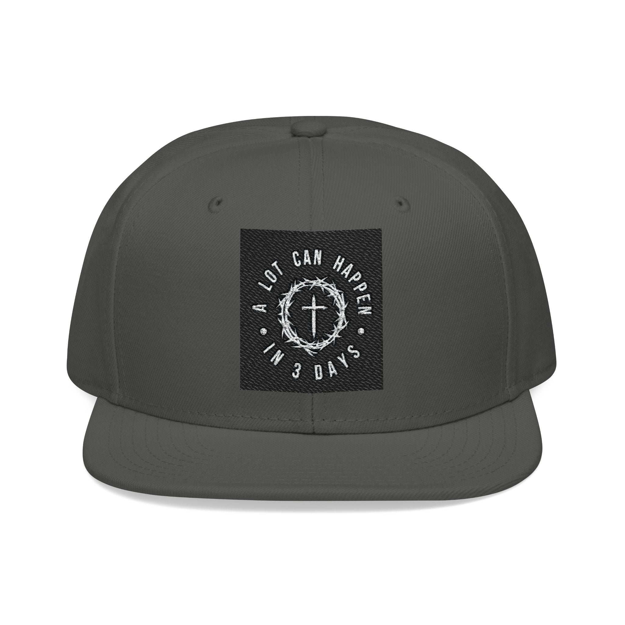 Embroidered Spiral Logo Snapback Hat — Black & Charcoal Flat-Brim Cap