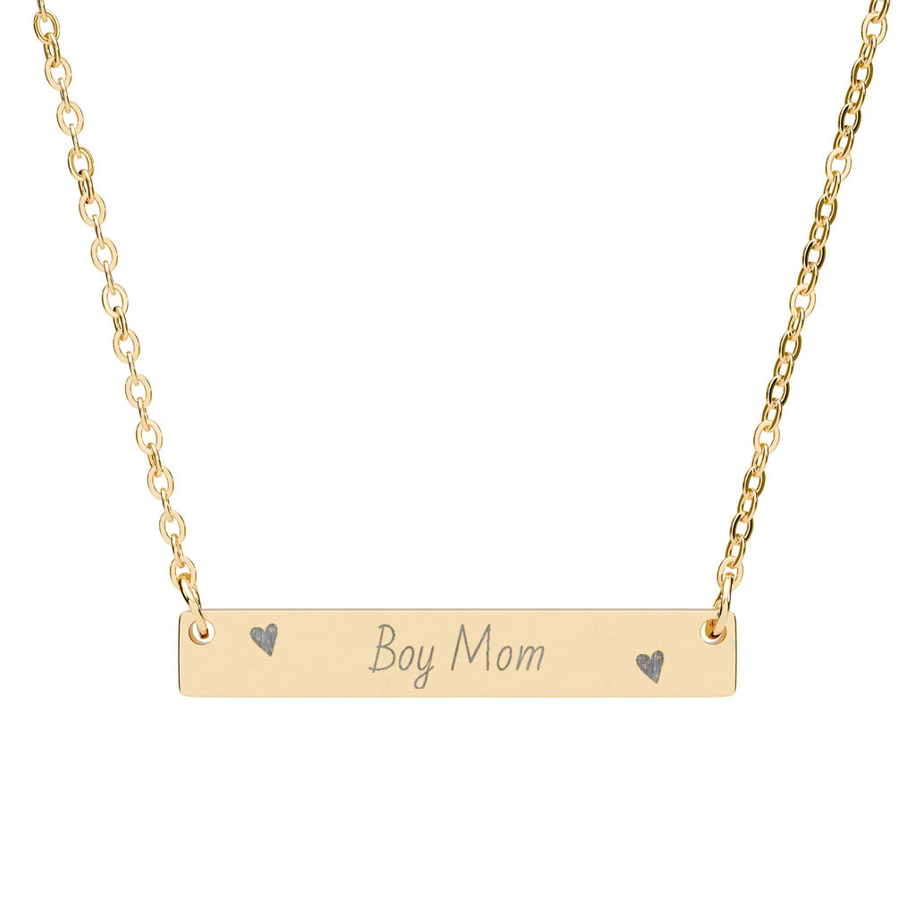 Engraved Horizontal Bar Necklace — "Boy Mom" Personalized Pendant