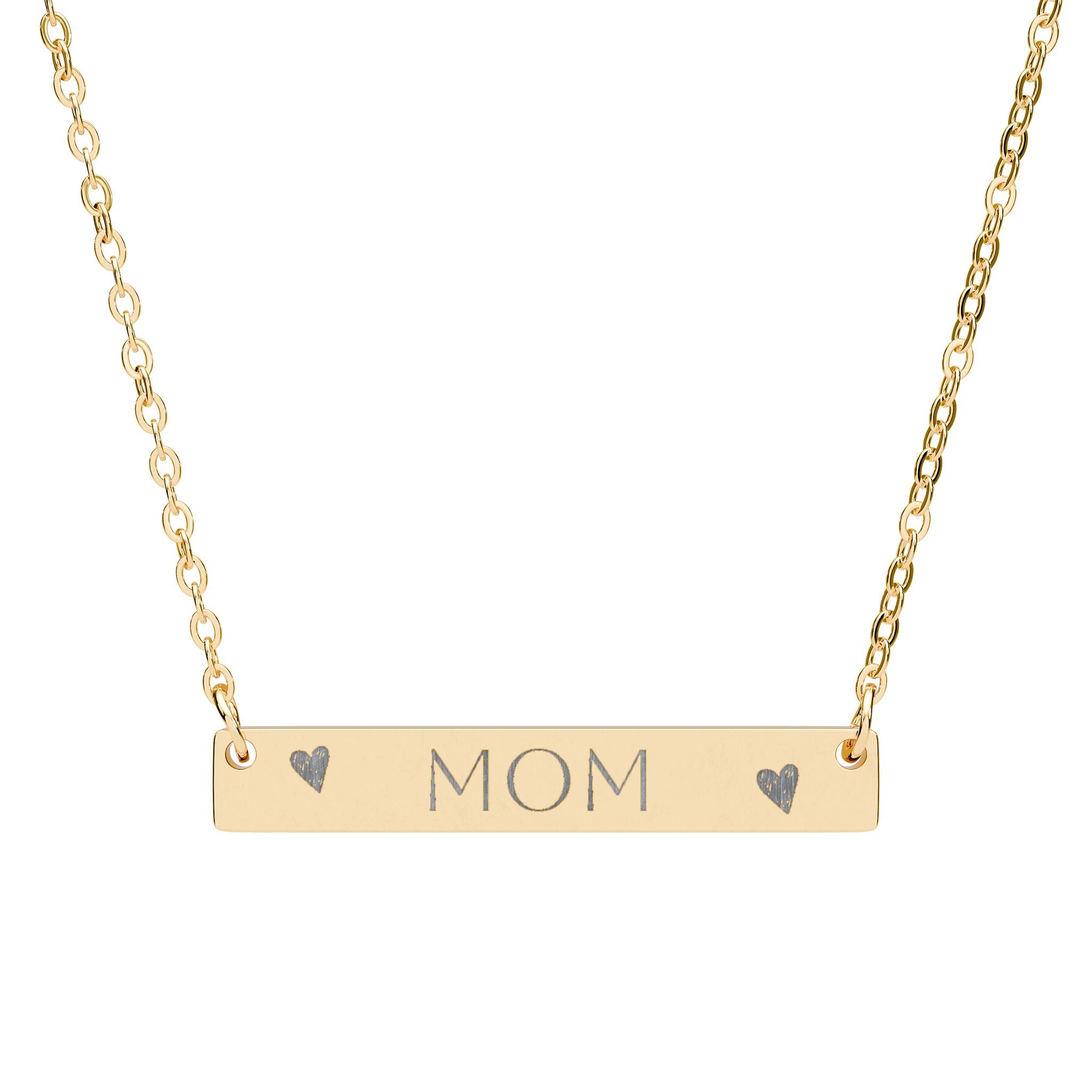 Engraved MOM Bar Necklace — Horizontal Heart Pendant, Personalized Gift for Mother’s Day
