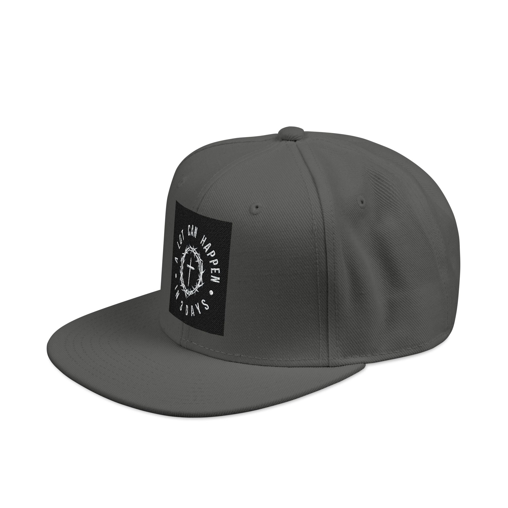 Embroidered Spiral Logo Snapback Hat — Black & Charcoal Flat-Brim Cap