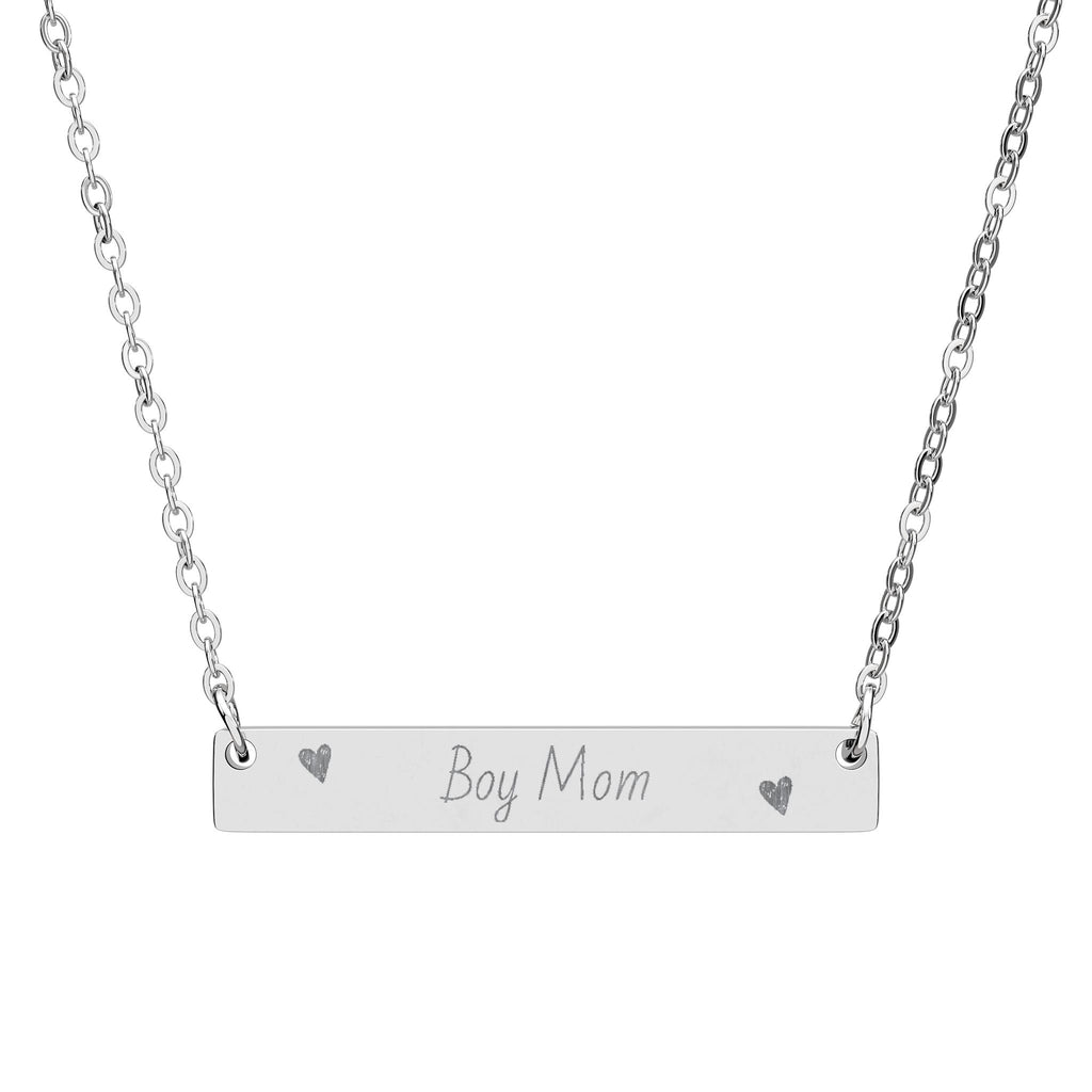 Engraved Horizontal Bar Necklace — "Boy Mom" Personalized Pendant
