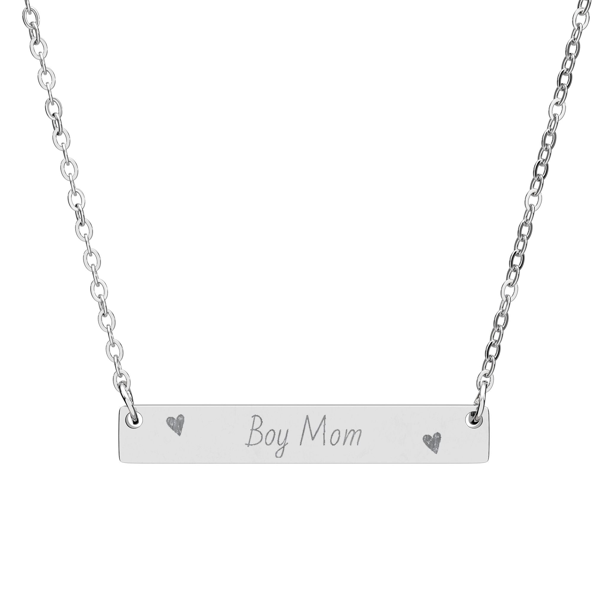 Engraved Horizontal Bar Necklace — "Boy Mom" Personalized Pendant