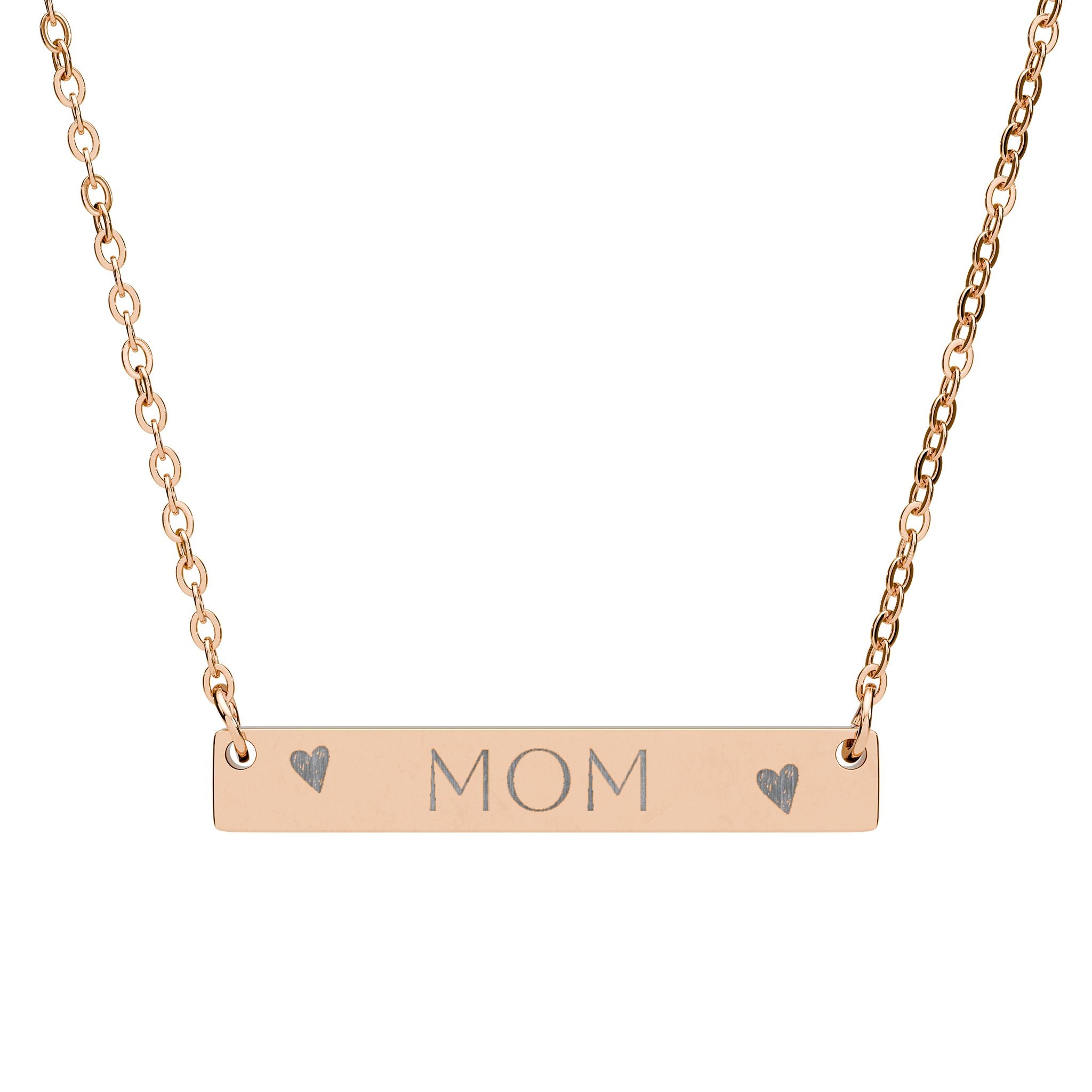 Engraved MOM Bar Necklace — Horizontal Heart Pendant, Personalized Gift for Mother’s Day
