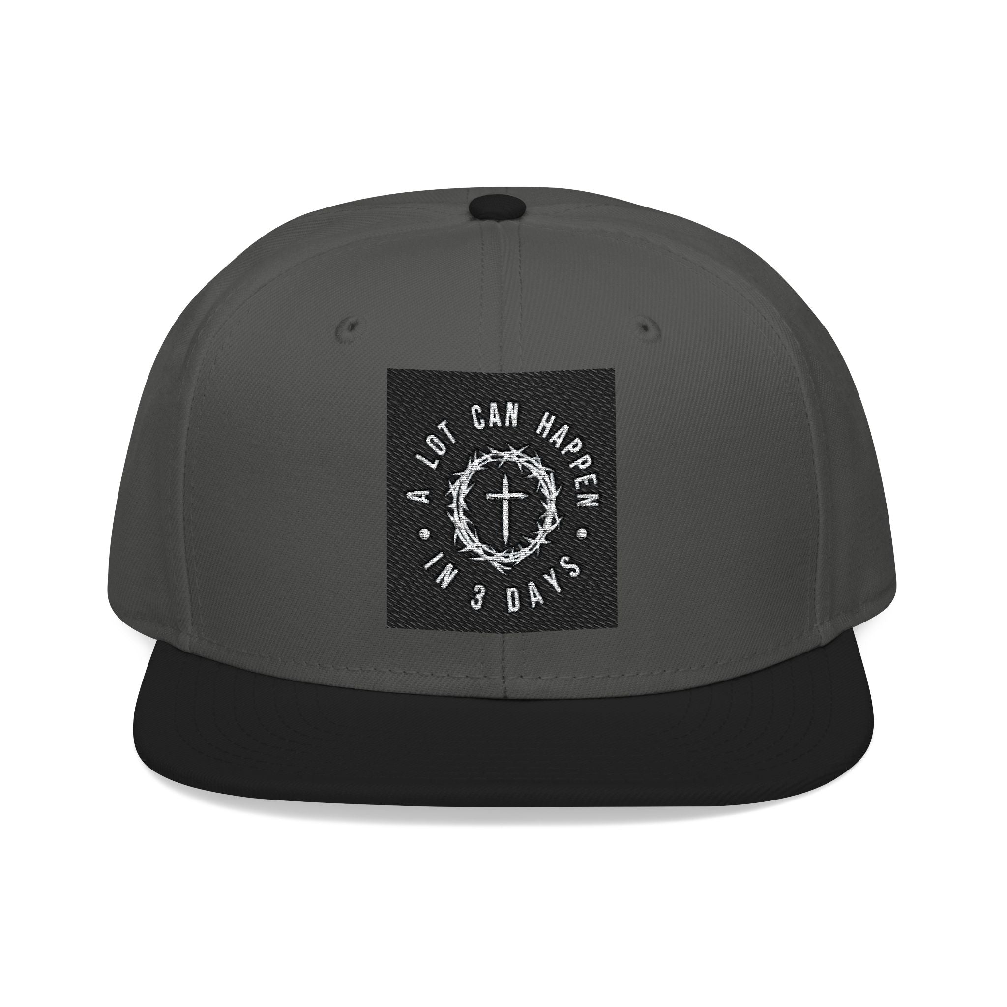 Embroidered Spiral Logo Snapback Hat — Black & Charcoal Flat-Brim Cap