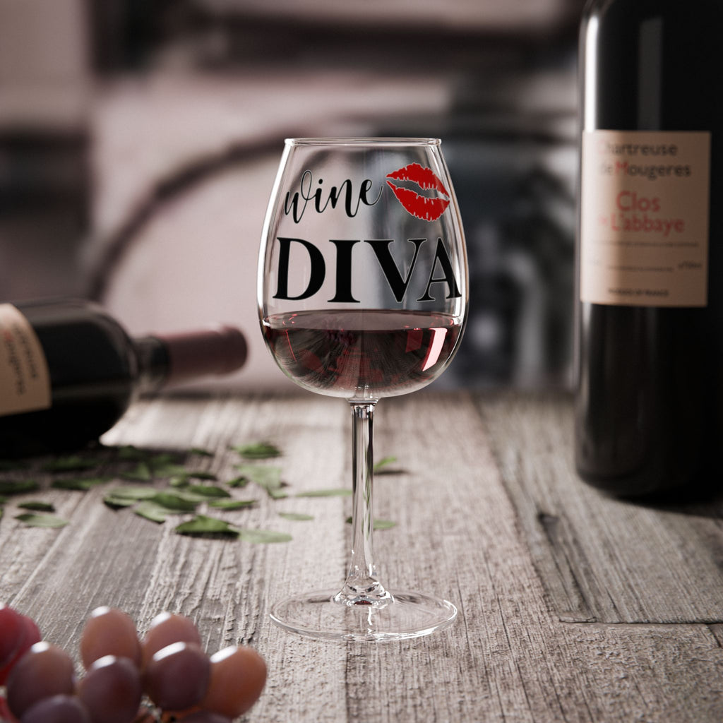 Wine Glass - "Wine Diva" 12oz Stemmed Glass with Lipstick Kiss – Funny Bachelorette & Gift