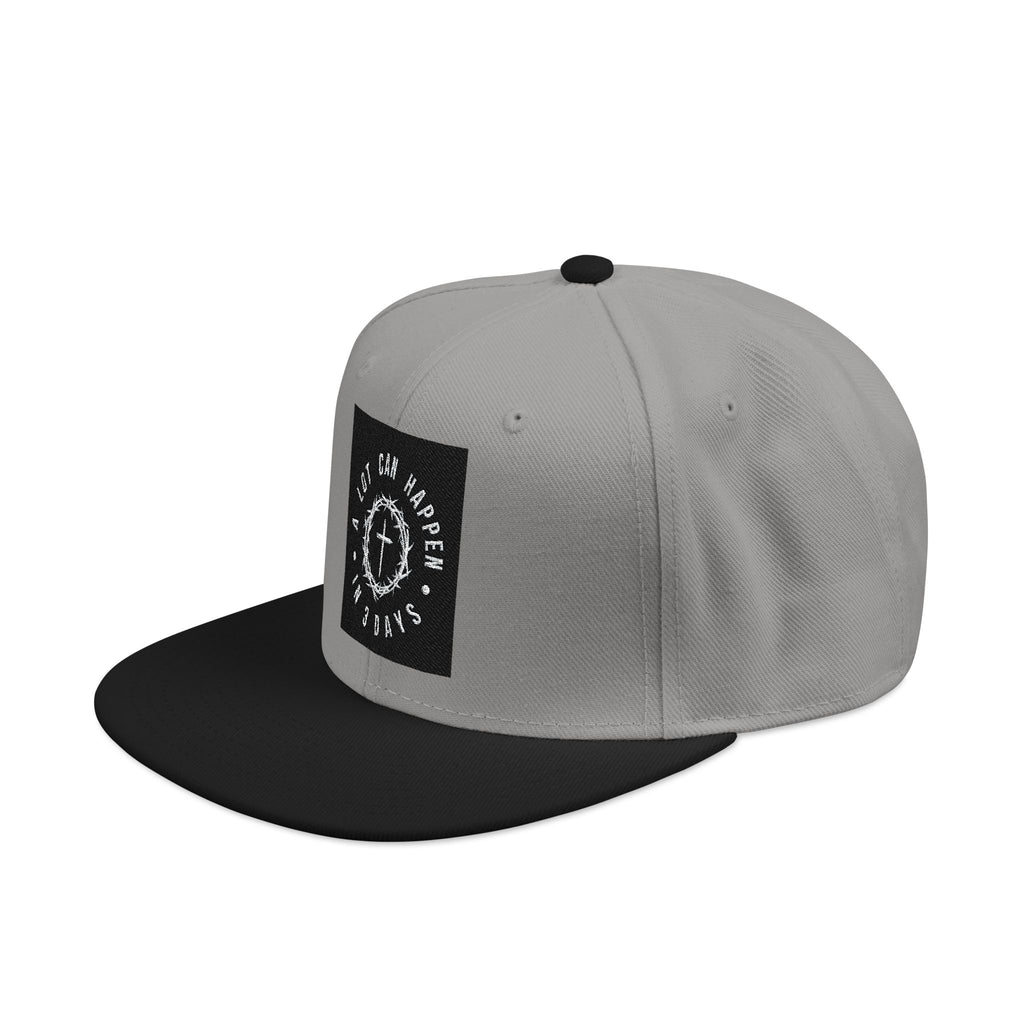 Embroidered Spiral Logo Snapback Hat — Black & Charcoal Flat-Brim Cap