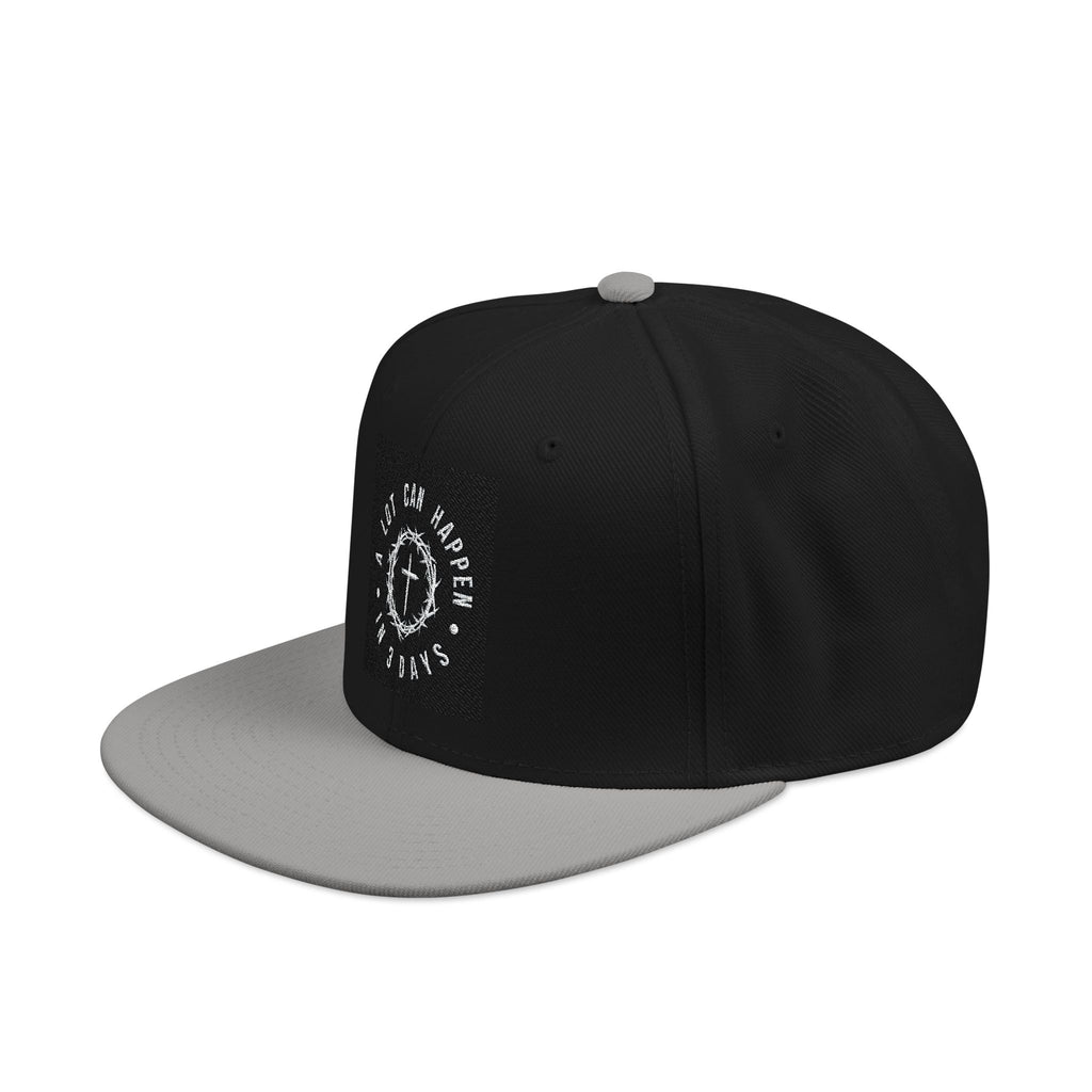 Embroidered Spiral Logo Snapback Hat — Black & Charcoal Flat-Brim Cap