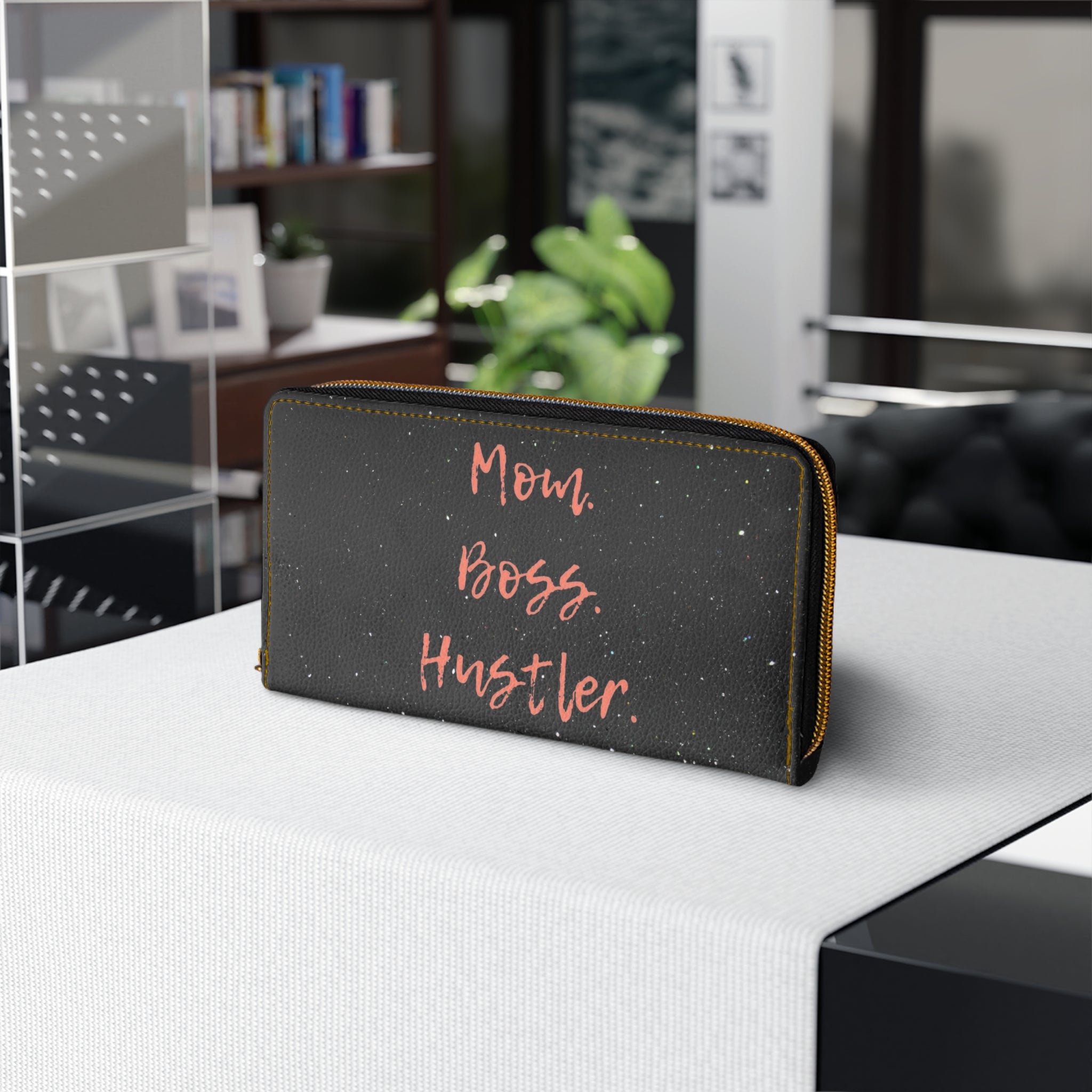 Mom. Boss. Hustler. Zipper Wallet — Black Script Inspirational Wallet