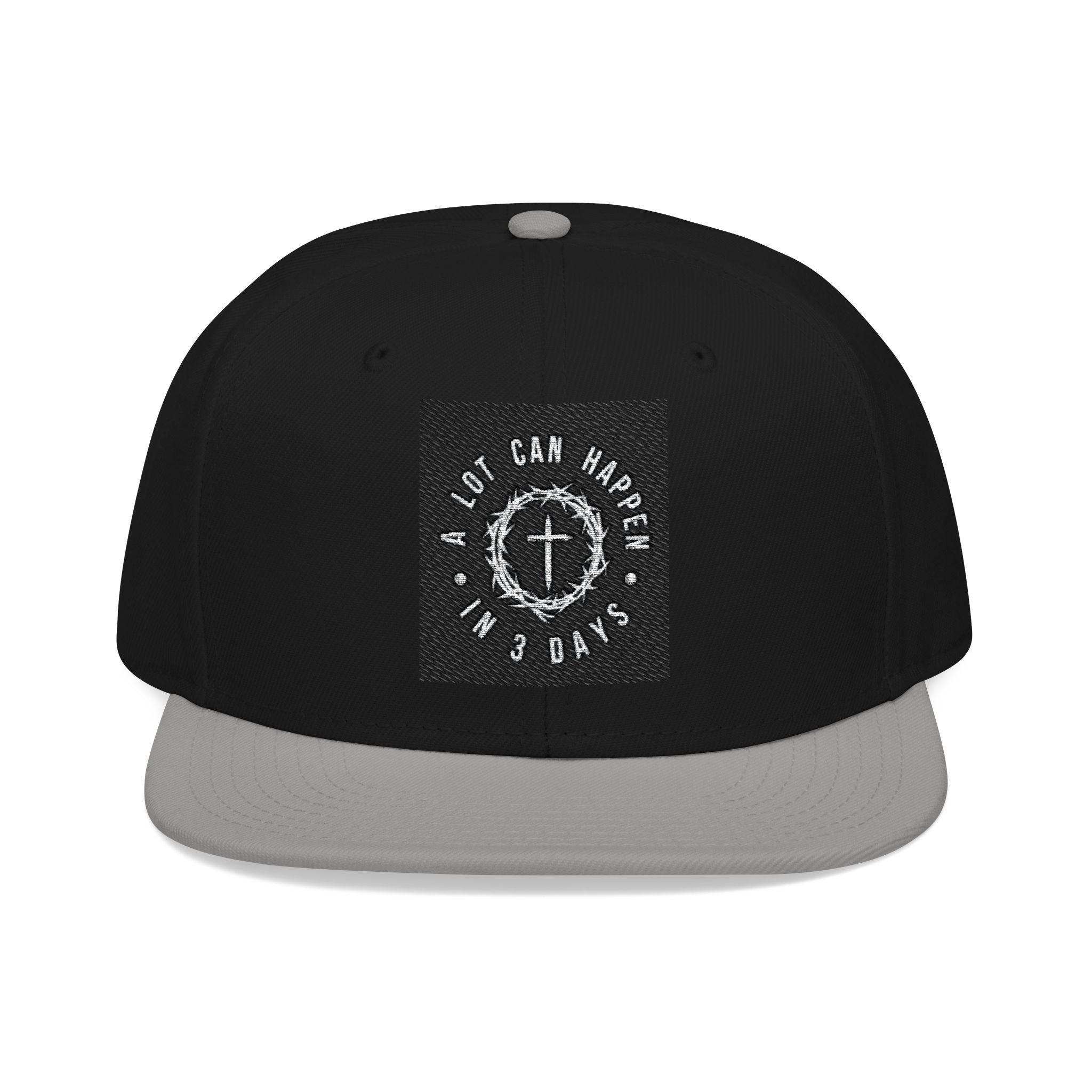 Embroidered Spiral Logo Snapback Hat — Black & Charcoal Flat-Brim Cap